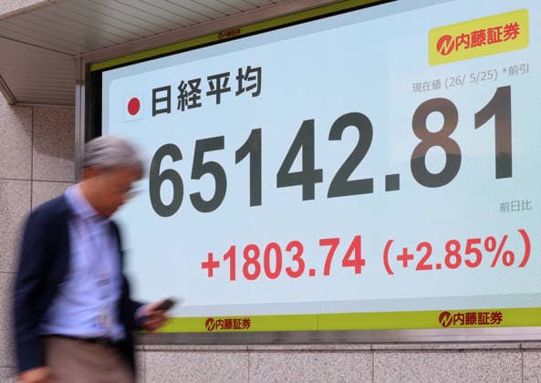 May 25, 2026, Tokyo, Japan - A pedestrian passes before a share prices board in Tokyo on Monday, May 25, 2026. Japan s share prices rose 1803.74 yen to close at 65,142.81 yen at the morning session of the Tokyo Stock Exchange. (photo by Yoshio Tsunoda AFLO)  aflo_331918516
