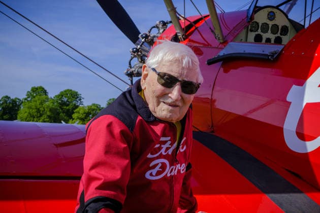 Wing Walker World Record Duxford, UK, 23, May,2026 98-year-old Harry Heasman, became the oldest person to wing walk on an aircraft with the feat officially recognised by Guinness World Records at IWM Duxford  Copyright: xJasonxByex NINTCHDBPICT001083536796