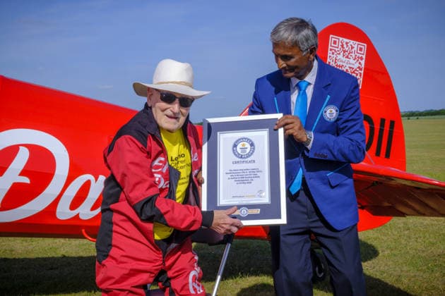 Wing Walker World Record Duxford, UK, 23, May,2026 98-year-old Harry Heasman, became the oldest person to wing walk on an aircraft with the feat officially recognised by Guinness World Records at IWM Duxford  Copyright: xJasonxByex NINTCHDBPICT001083537118