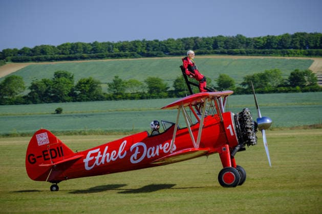 Wing Walker World Record Duxford, UK, 23, May,2026 98-year-old Harry Heasman, became the oldest person to wing walk on an aircraft with the feat officially recognised by Guinness World Records at IWM Duxford  Copyright: xJasonxByex NINTCHDBPICT001083537010
