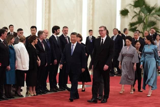China Serbia 9173081 25.05.2026 Chinese President Xi Jinping, centre left, and Serbian President Aleksandar Vucic, centre right, attend a welcome ceremony, in Beijing, China. Alexey Tashchilin Sputnik Beijing China  Copyright: xAlexeyxTashchilinx