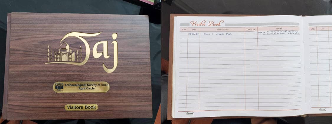 RECORD DATE NOT STATED A glimpse of the Visitors Book as US Secretary of State Marco Rubio (unseen) writes a remark during his visit to the Taj Mahal Agra, May 25 (ANI): Combo Picture A glimpse of the Visitors Book as US Secretary of State Marco Rubio (unseen) writes a remark during his visit to the Taj Mahal with his wife Jeanette D. Rubio, in Agra on Monday. Agra Uttar Pradesh India Copyright: xANIx ANI_20260525019