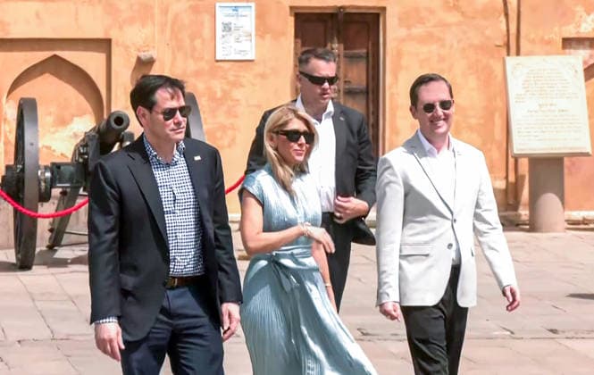 RECORD DATE NOT STATED US Secretary of State Marco Rubio, along with his wife, Jeanette D. Rubio, and US Ambassador to India Sergio Gor, during their visit to Amber Fort Jaipur, May 25 (ANI): US Secretary of State Marco Rubio, along with his wife, Jeanette D. Rubio, and US Ambassador to India Sergio Gor, during their visit to Amber Fort, in Jaipur on Monday. (ANI Video Grab) Jaipur Rajasthan India Copyright: xANIx ANI_20260525121