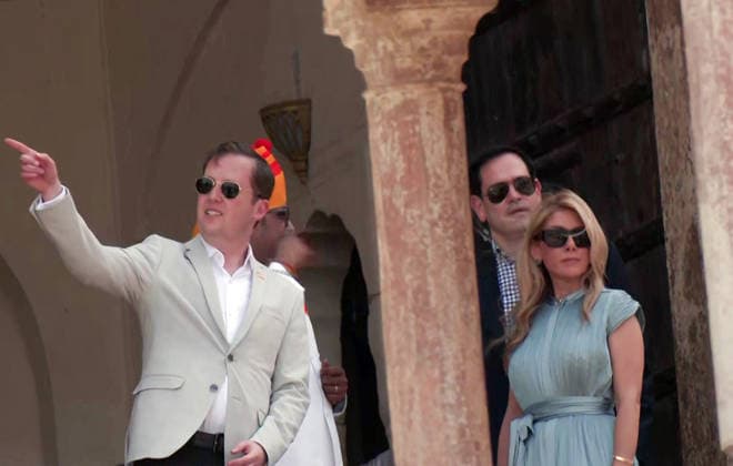 RECORD DATE NOT STATED US Secretary of State Marco Rubio, along with his wife, Jeanette D. Rubio, and US Ambassador to India Sergio Gor, during their visit to Amber Fort Jaipur, May 25 (ANI): US Secretary of State Marco Rubio, along with his wife, Jeanette D. Rubio, and US Ambassador to India Sergio Gor, during their visit to Amber Fort, in Jaipur on Monday. (ANI Video Grab) Jaipur Rajasthan India Copyright: xANIx ANI_20260525123