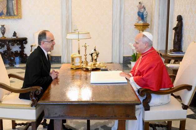 ITALY - POPE LEO XIV RECEIVES IN PRIVATA AUDIENCE HIS EXCELLENCY NR BAJRAM BAGAJ IN THE VATICAN- 2026 5 25 Italy, Rome, Vatican, 2026 5 25.Pope Leo XIV receives in a private audience His Excellency Mr. Bajram Begaj, President of the Republic of Albania in The Vatican EDITORIAL USE ONLY - NO BOOKS Copyright: xVATICANxMEDIAx