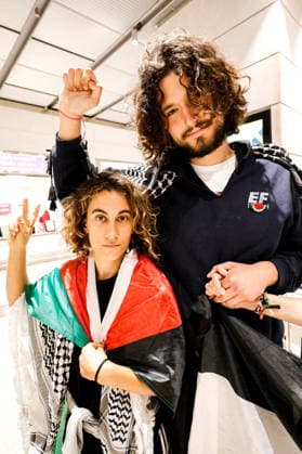 May 25, 2026, Venice, Rome, Italy: May 25, 2026, Venice, Marco Polo Airport - Beatrice Lio and Simone Zambrin, members of the Global Sumud Flotilla, return to Italy after their second peaceful expedition to Gaza to call for the opening of a humanitarian corridor and an end to the blockade of the Strip. Venice Italy  - ZUMAa289 20260525_zia_a289_007 Copyright: xMircoxToniolox xAgfx