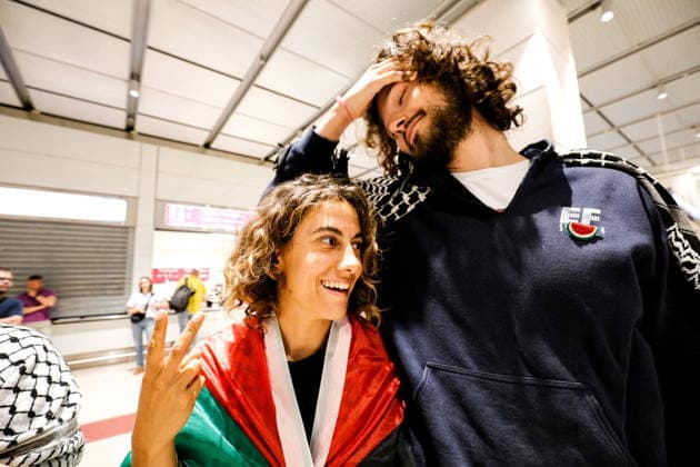 May 25, 2026, Venice, Rome, Italy: May 25, 2026, Venice, Marco Polo Airport - Beatrice Lio and Simone Zambrin, members of the Global Sumud Flotilla, return to Italy after their second peaceful expedition to Gaza to call for the opening of a humanitarian corridor and an end to the blockade of the Strip. Venice Italy  - ZUMAa289 20260525_zia_a289_008 Copyright: xMircoxToniolox xAgfx