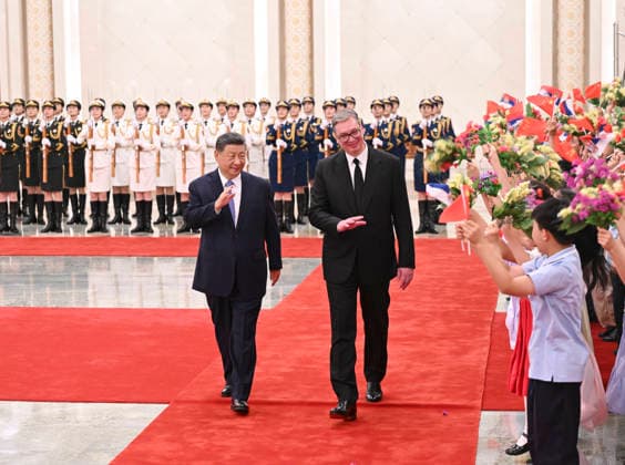 (260525) -- BEIJING, May 25, 2026 -- Chinese President Xi Jinping holds a welcome ceremony for Serbian President Aleksandar Vucic in the Northern Hall of the Great Hall of the People prior to their talks in Beijing, capital of China, May 25, 2026. Xi held talks with Vucic, who is on a state visit to China, at the Great Hall of the People in Beijing on Monday. ) CHINA-BEIJING-XI JINPING-SERBIAN PRESIDENT-TALKS (CN) YanxYan 