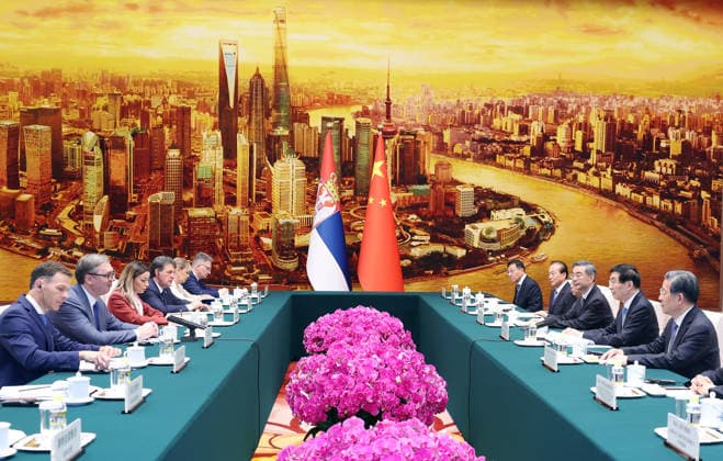(260525) -- BEIJING, May 25, 2026 -- Wang Huning, a member of the Standing Committee of the Political Bureau of the Communist Party of China Central Committee and chairman of the National Committee of the Chinese People s Political Consultative Conference, meets with Serbian President Aleksandar Vucic in Beijing, capital of China, May 25, 2026. ) CHINA-BEIJING-WANG HUNING-SERBIAN PRESIDENT-MEETING (CN) YaoxDawei 