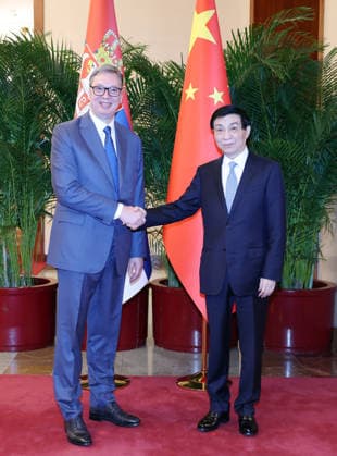 (260525) -- BEIJING, May 25, 2026 -- Wang Huning, a member of the Standing Committee of the Political Bureau of the Communist Party of China Central Committee and chairman of the National Committee of the Chinese People s Political Consultative Conference, meets with Serbian President Aleksandar Vucic in Beijing, capital of China, May 25, 2026. ) CHINA-BEIJING-WANG HUNING-SERBIAN PRESIDENT-MEETING (CN) YaoxDawei 