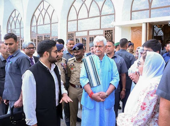 RECORD DATE NOT STATED Jammu and Kashmir Lt Governor Manoj Sinha during his visit to the Hazratbal Shrine to review Eid-ul-Adha preparations Srinagar, May 25 (ANI): Jammu and Kashmir Lt Governor Manoj Sinha during his visit to the Hazratbal Shrine to review Eid-ul-Adha preparations, in Srinagar on Monday. (@OfficeOfLGJandK XANI Photo) Srinagar Jammu and kashmir India Copyright: xANIx ANI_20260525417