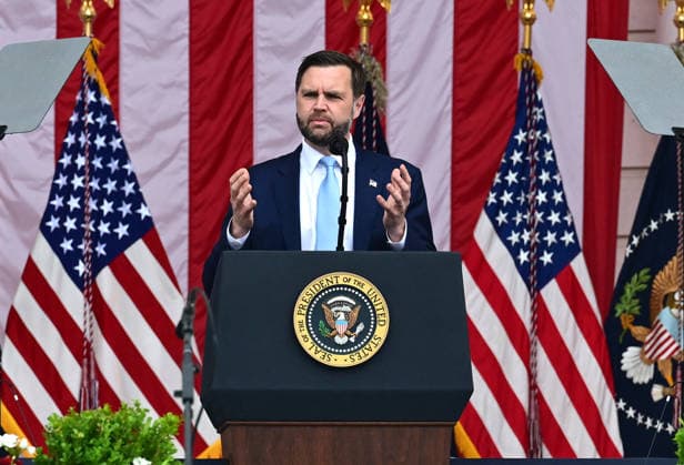 Trump Remarks on Memorial Day at Arlington National Cemetery United States Vice President JD Vance speaks prior to US President Donald J Trump delivering remarks in the Amphitheater after laying a wreath at the Tomb of the Unknowns at Arlington National Cemetery in Arlington, Virginia on Memorial Day, Monday, May 25, 2026. Credit: Kyle Mazza Pool via CNP Arlington Virginia United States  Copyright: xPool ABACAx