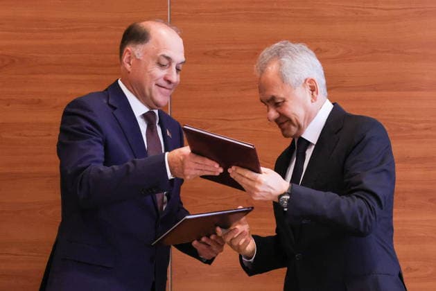 RUSSIA, MOSCOW - MAY 26, 2026: Belarusian Security Council Secretary Alexander Volfovich (L) and Russian Security Council Secretary Sergei Shoigu during a signing ceremony after a bilateral meeting on the sidelines of a meeting of the Committee of Security Council Secretaries of the Collective Security Treaty Oranisation (CSTO). Artyom Geodakyan TASS  93053454
