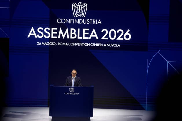 IPA85085751 - Rome, May 26, 2026: Emanuele Orsini President of Confindustria Giorgia Meloni speaks at the Public Assembly of Confindustria at the Rome Convention Center La Nuvola in the Eur district of Rome, May 26, 2026. In her speech in front of Italian entrepreneurs, the Prime Minister addresses the issues of industrial policy, competitiveness of the national production system, energy transition and Italy s role in the European and international economic scenario, recalling the need to strengthen investment, employment and dialogue between government and business.  Copyright: xmarcoxiacobuccix xmarcoxiacobuccix 85085751