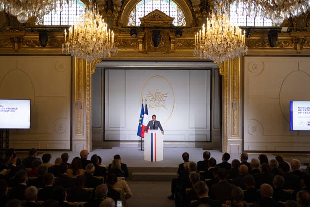 President Macron At the French Electricity Team meeting - Paris French President Emmanuel Macron delivers a speech during a press conference as part of a meeting with the French Electricity Team to advance the electrification of France in the coming years, at the Elysee Palace, in Paris on May 26, 2026. Photo by Raphael Lafargue ABACAPRESS.COM Paris France  Copyright: xLafarguexRaphael ABACAx