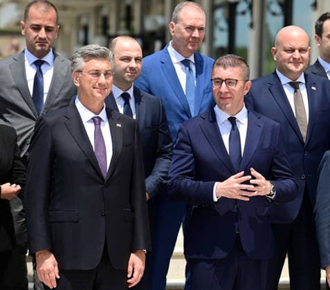 Hristijan Mickoski Prime Minister of North Macedonia (R) and his counterpart Andrej Plenkovic Primeminister of Croatia (L) during a family photo in Ohrid Republic of North Macedonia, MAy 26 2026. IMAGO PETR STOJANOVSKI