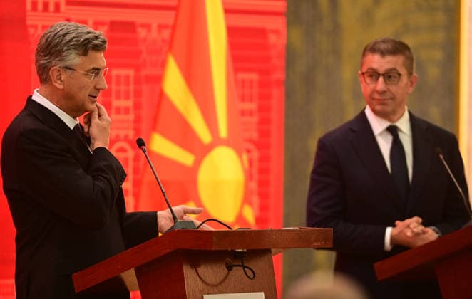 Hristijan Mickoski Prime Minister of North Macedonia (R) and his counterpart Andrej Plenkovic Primeminister of Croatia (L) during a joint press conference in Ohrid Republic of North Macedonia, MAy 26 2026. IMAGO PETR STOJANOVSKI