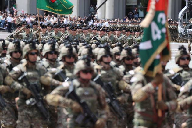 Georgia marks 108th anniversary of the founding of the republic TBILISI, GEORGIA - MAY 26: Georgian Army Soldiers attend the military parade to mark the 108th anniversary of the founding of the Republic of Georgia, in Tbilisi, Georgia on May 26, 2026. Davit Kachkachishvili Anadolu Tbilisi Georgia. Editorial use only. Please get in touch for any other usage.  Copyright: x2026xAnadoluxDavitxKachkachishvilix