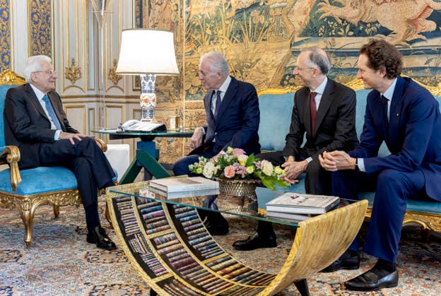 IPA85089103 - Rome - President Sergio Mattarella with John Elkann and Piero Ferrari, respectively Chairman and Vice Chairman - Chief Executive Officer of Ferrari Spa, accompanied by Benedetto Vigna, Vice President of Commercial Management of Ferrari Spa, during the presentation of the Ferrari Luce, today May 25, 2026 (Photo by Paolo Giandotti - Press and Communication Office of the Presidency of the Republic) This is a private photo posted on social media or television media provided by this Agency. The Agency claims no ownership, including but not limited to copyright or licensing of the attached material. The fees charged by this Agency are for the Agency s services only and do not convey, nor are they intended to convey to you, any c  Copyright: xQuirinalex xFotogrammax xQuirinalex xFotogrammax 85089103