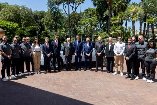 IPA85089115 - Rome - President Sergio Mattarella with John Elkann and Piero Ferrari, respectively Chairman and Vice Chairman - Chief Executive Officer of Ferrari Spa, accompanied by Benedetto Vigna, Vice President of Commercial Management of Ferrari Spa, during the presentation of the Ferrari Luce, today May 25, 2026 (Photo by Paolo Giandotti - Press and Communication Office of the Presidency of the Republic) This is a private photo posted on social media or television media provided by this Agency. The Agency claims no ownership, including but not limited to copyright or licensing of the attached material. The fees charged by this Agency are for the Agency s services only and do not convey, nor are they intended to convey to you, any c  Copyright: xQuirinalex xFotogrammax xQuirinalex xFotogrammax 85089115
