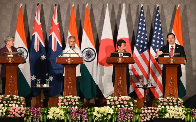 NEW DELHI, INDIA - MAY 26: (L-R) Australian Foreign Minister Penny Wong, External Affairs Minister S Jaishankar, Japanese Foreign Minister Toshimitsu Motegi and US Secretary of State Marco Rubio address a joint press conference following the conclusion of the 11th Quad Foreign Ministers Meeting at Hyderabad House on May 26, 2026 in New Delhi, India. In a strongly worded joint statement, the ministers unequivocally condemned cross-border terrorism, explicitly calling out the horrific attacks perpetrated at Pahalgam in India and Bondi Beach in Australia. Turning their focus to the economic fallout of the broader West Asia crisis, the grouping collectively issued a sharp warning against maritime disruption in the Strait of Hormuz and the Red