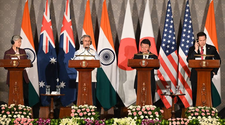 NEW DELHI, INDIA - MAY 26: (L-R) Australian Foreign Minister Penny Wong, External Affairs Minister S Jaishankar, Japanese Foreign Minister Toshimitsu Motegi and US Secretary of State Marco Rubio address a joint press conference following the conclusion of the 11th Quad Foreign Ministers Meeting at Hyderabad House on May 26, 2026 in New Delhi, India. In a strongly worded joint statement, the ministers unequivocally condemned cross-border terrorism, explicitly calling out the horrific attacks perpetrated at Pahalgam in India and Bondi Beach in Australia. Turning their focus to the economic fallout of the broader West Asia crisis, the grouping collectively issued a sharp warning against maritime disruption in the Strait of Hormuz and the Red
