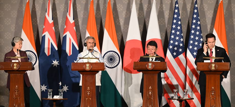 NEW DELHI, INDIA - MAY 26: (L-R) Australian Foreign Minister Penny Wong, External Affairs Minister S Jaishankar, Japanese Foreign Minister Toshimitsu Motegi and US Secretary of State Marco Rubio address a joint press conference following the conclusion of the 11th Quad Foreign Ministers Meeting at Hyderabad House on May 26, 2026 in New Delhi, India. In a strongly worded joint statement, the ministers unequivocally condemned cross-border terrorism, explicitly calling out the horrific attacks perpetrated at Pahalgam in India and Bondi Beach in Australia. Turning their focus to the economic fallout of the broader West Asia crisis, the grouping collectively issued a sharp warning against maritime disruption in the Strait of Hormuz and the Red