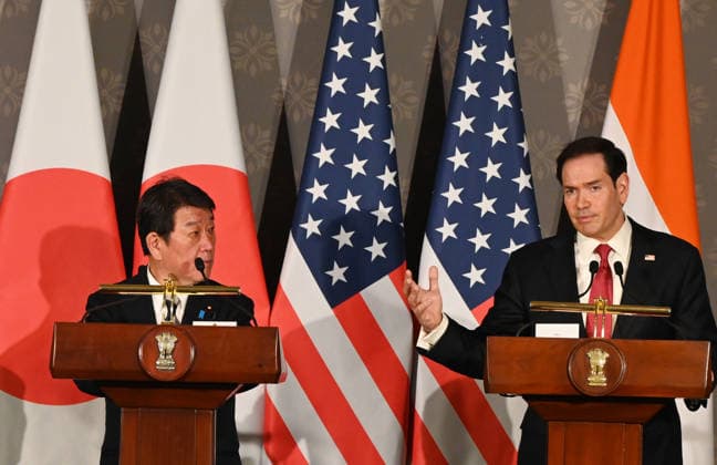 NEW DELHI, INDIA - MAY 26: (L-R) Japanese Foreign Minister Toshimitsu Motegi and US Secretary of State Marco Rubio address a joint press conference following the conclusion of the 11th Quad Foreign Ministers Meeting at Hyderabad House on May 26, 2026 in New Delhi, India. In a strongly worded joint statement, the ministers unequivocally condemned cross-border terrorism, explicitly calling out the horrific attacks perpetrated at Pahalgam in India and Bondi Beach in Australia. Turning their focus to the economic fallout of the broader West Asia crisis, the grouping collectively issued a sharp warning against maritime disruption in the Strait of Hormuz and the Red Sea. The Quad reiterated that freedom of navigation must remain strictly consist