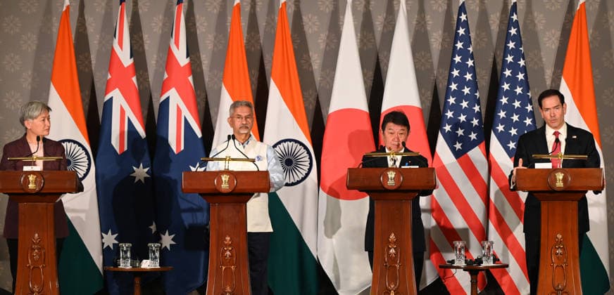 NEW DELHI, INDIA - MAY 26: (L-R) Australian Foreign Minister Penny Wong, External Affairs Minister S Jaishankar, Japanese Foreign Minister Toshimitsu Motegi and US Secretary of State Marco Rubio address a joint press conference following the conclusion of the 11th Quad Foreign Ministers Meeting at Hyderabad House on May 26, 2026 in New Delhi, India. In a strongly worded joint statement, the ministers unequivocally condemned cross-border terrorism, explicitly calling out the horrific attacks perpetrated at Pahalgam in India and Bondi Beach in Australia. Turning their focus to the economic fallout of the broader West Asia crisis, the grouping collectively issued a sharp warning against maritime disruption in the Strait of Hormuz and the Red