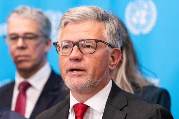 May 26, 2026, New York, New York, USA: Press Encounter by Ambassador Andrii Melnyk of Ukraine surrounded by dozen of ambassadors from different countries speaks to the press at UN Headquarters in New York, NY on May 26, 2026. New York USA  - ZUMAr339 20260526_znp_r339_010 Copyright: xLevxRadinx