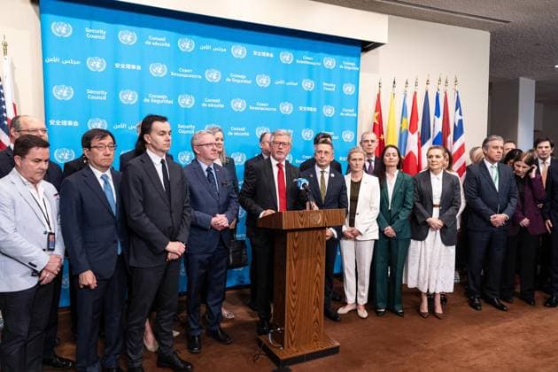 May 26, 2026, New York, New York, USA: Press Encounter by Ambassador Andrii Melnyk of Ukraine surrounded by dozen of ambassadors from different countries speaks to the press at UN Headquarters in New York, NY on May 26, 2026. New York USA - ZUMAr339 20260526_znp_r339_003 Copyright: xLevxRadinx