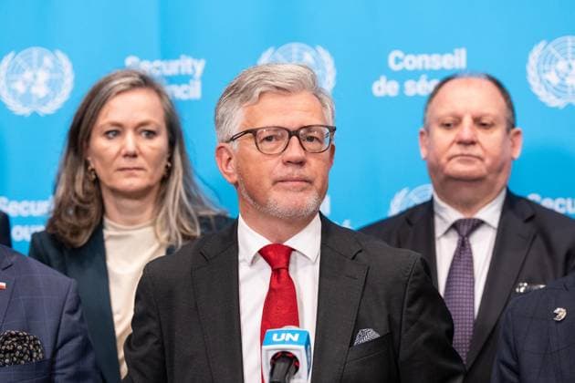May 26, 2026, New York, New York, USA: Press Encounter by Ambassador Andrii Melnyk of Ukraine surrounded by dozen of ambassadors from different countries speaks to the press at UN Headquarters in New York, NY on May 26, 2026. New York USA - ZUMAr339 20260526_znp_r339_009 Copyright: xLevxRadinx