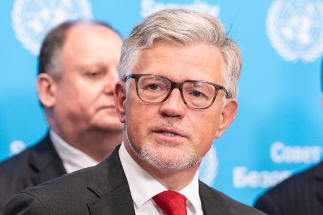 May 26, 2026, New York, New York, USA: Press Encounter by Ambassador Andrii Melnyk of Ukraine surrounded by dozen of ambassadors from different countries speaks to the press at UN Headquarters in New York, NY on May 26, 2026. New York USA - ZUMAr339 20260526_znp_r339_011 Copyright: xLevxRadinx