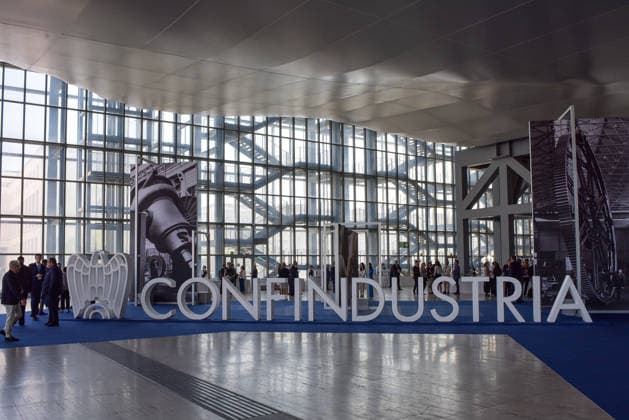 Italian institutional, political, and trade union leaders gather for the Confindustria Annual Assembly in Rome The Confindustria logo displayed inside the Roma Convention Center La Nuvola during the Annual Assembly. Rome Italy Copyright: xVincenzoxNuzzolesex xSOPAxImagesx vnuzzolese_2026_05_26_01