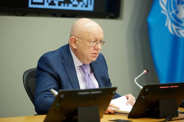 May 26, 2026, New York, New York, USA: Russian Ambassador to the United Nations Vassily Nebenzia briefs reporters during an in-person press briefing on a reported strike in Starobilsk, at U.N. Headquarters in New York, May 26, 2026. New York USA  - ZUMAs237 20260526_aap_s237_008 Copyright: xMarkxJ.xSullivanx