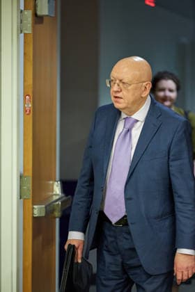 May 26, 2026, New York, New York, USA: Russian Ambassador to the United Nations Vassily Nebenzia arrives to brief reporters during an in-person press briefing on a reported strike in Starobilsk, at U.N. Headquarters in New York, May 26, 2026. New York USA  - ZUMAs237 20260526_aap_s237_006 Copyright: xMarkxJ.xSullivanx