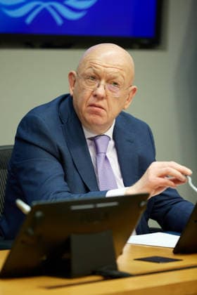 May 26, 2026, New York, New York, USA: Russian Ambassador to the United Nations Vassily Nebenzia briefs reporters during an in-person press briefing on a reported strike in Starobilsk, at U.N. Headquarters in New York, May 26, 2026. New York USA  - ZUMAs237 20260526_aap_s237_001 Copyright: xMarkxJ.xSullivanx