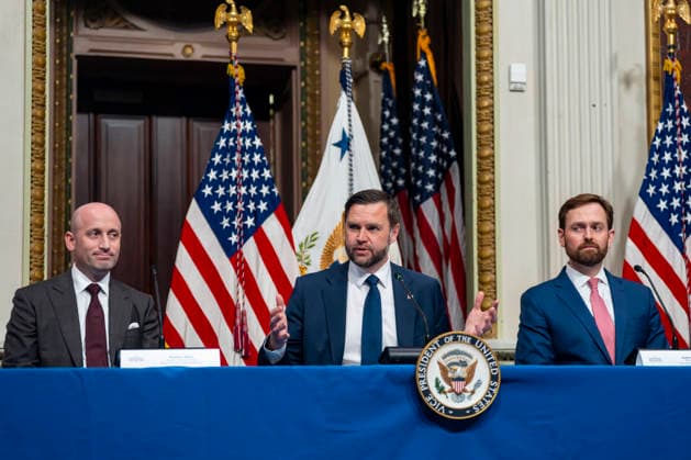 White House Chief of Staff for Policy Stephen Miller, Vice President JD Vance and Chairman of the Federal Trade Commission and Anti-Fraud Task Force Vice Chair Andrew Ferguson attend a roundtable on anti-fraud initiatives in the Indian Treaty Room in the Eisenhower Executive Building near the White House in Washington, DC on Tuesday, May 26, 2026.  WAP20260526301 BONNIExCASH