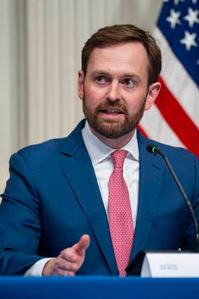Chairman of the Federal Trade Commission and Anti-Fraud Task Force Vice Chair Andrew Ferguson speaks during a roundtable on anti-fraud initiatives in the Indian Treaty Room in the Eisenhower Executive Building near the White House in Washington, DC on Tuesday, May 26, 2026.  WAP20260526307 BONNIExCASH