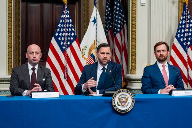 White House Chief of Staff for Policy Stephen Miller, Vice President JD Vance and Chairman of the Federal Trade Commission and Anti-Fraud Task Force Vice Chair Andrew Ferguson attend a roundtable on anti-fraud initiatives in the Indian Treaty Room in the Eisenhower Executive Building near the White House in Washington, DC on Tuesday, May 26, 2026.  WAP20260526317 BONNIExCASH