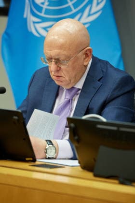 May 26, 2026, New York, New York, USA: Russian Ambassador to the United Nations Vassily Nebenzia briefs reporters during an in-person press briefing on a reported strike in Starobilsk, at U.N. Headquarters in New York, May 26, 2026. New York USA - ZUMAs237 20260526_aap_s237_003 Copyright: xMarkxJ.xSullivanx