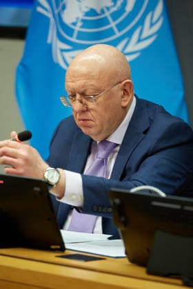 May 26, 2026, New York, New York, USA: Russian Ambassador to the United Nations Vassily Nebenzia briefs reporters during an in-person press briefing on a reported strike in Starobilsk, at U.N. Headquarters in New York, May 26, 2026. New York USA - ZUMAs237 20260526_aap_s237_005 Copyright: xMarkxJ.xSullivanx