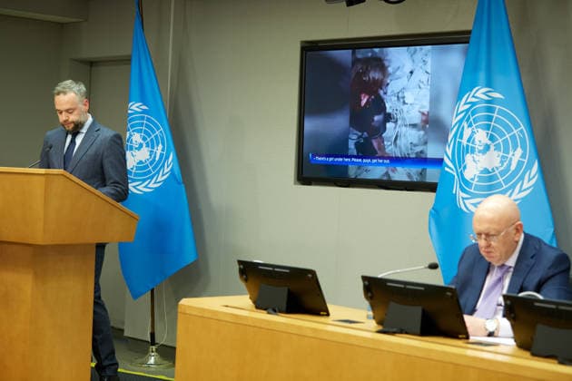 May 26, 2026, New York, New York, USA: Russian Ambassador to the United Nations Vassily Nebenzia briefs reporters during an in-person press briefing on a reported strike in Starobilsk, at U.N. Headquarters in New York, May 26, 2026. New York USA - ZUMAs237 20260526_aap_s237_002 Copyright: xMarkxJ.xSullivanx