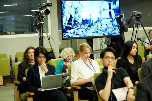 May 26, 2026, New York, New York, USA: Reporters listen as Russian Ambassador to the United Nations Vassily Nebenzia briefs the press on a reported strike in Starobilsk at U.N. Headquarters in New York, May 26, 2026. New York USA - ZUMAs237 20260526_aap_s237_009 Copyright: xMarkxJ.xSullivanx
