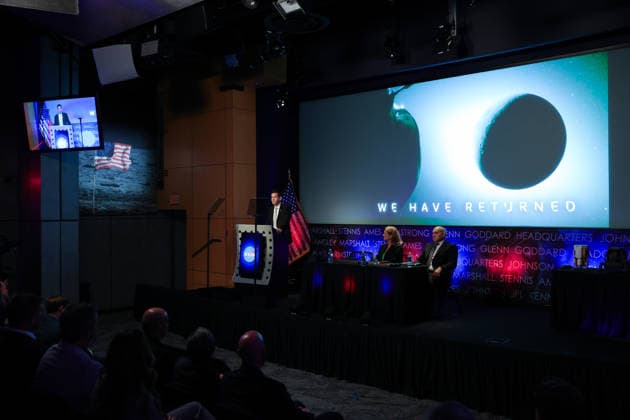 May 26, 2026, Washington, District Of Columbia, USA: Joined on stage by LORI GLAZE, Acting Associate Administrator, Exploration Systems Development Mission Directorate, NASA, and CARLOS GARCIA-GALAN, Program Executive, Moon Base, NASA, NASA Administrator JARED ISAACMAN, left at podium, speaks at a press conference announcing Moon Base plans and mission progress at NASA Headquarters in Washington, D.C. on May 26, 2026. NASA s Moon Base program is a long-term lunar exploration and infrastructure initiative designed to enable sustained human presence at the lunar South Pole. Washington USA  - ZUMAd227 20260526_znp_d227_008 Copyright: xBryanxDozierx