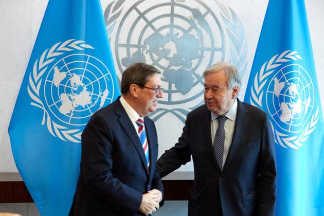May 26, 2026, New York, New York, USA: United Nations Secretary-General AntoÂ³nio Guterres (r) meets with Cuban Foreign Minister Bruno RodroÂ­guez Parrilla (l) during a bilateral meeting at U.N. Headquarters in New York, May 26, 2026. New York USA  - ZUMAs237 20260526_aap_s237_029 Copyright: xMarkxJ.xSullivanx