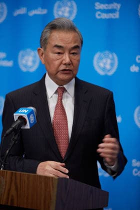 May 26, 2026, New York, New York, USA: Chinese Foreign Minister WANG YI speaks to reporters during a press encounter at the Security Council stakeout at U.N. Headquarters. New York USA - ZUMA 20260526_mda_s237_350 Copyright: xMarkxJxSullivanx