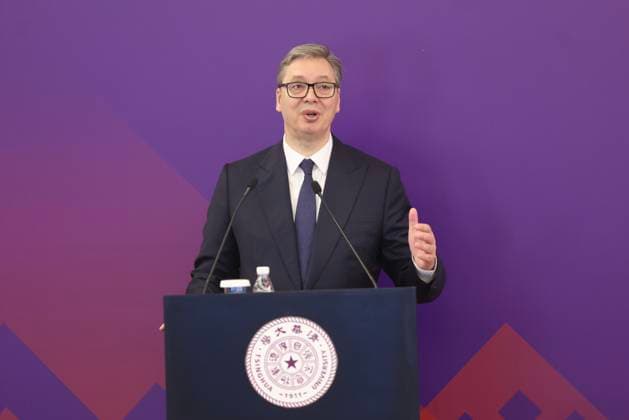 BEIJING, CHINA - MAY 26: Serbian President Aleksandar Vucic delivers a speech while visiting Tsinghua University on May 26, 2026 in Beijing, China. Vucic is on a state visit to China from May 24 to 28.  Copyright: xChinaxNewsxServicex 111644205007