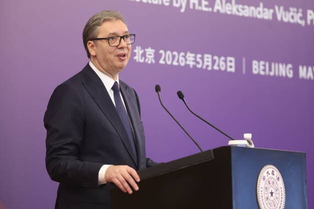 BEIJING, CHINA - MAY 26: Serbian President Aleksandar Vucic delivers a speech while visiting Tsinghua University on May 26, 2026 in Beijing, China. Vucic is on a state visit to China from May 24 to 28.  Copyright: xChinaxNewsxServicex 111644205030