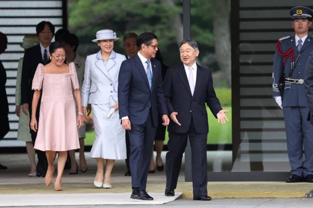 Philippine President Marcos Jr. in Japan Japanese Emperor Naruhito (far R) chats with Philippine President Ferdinand Marcos Jr. (2nd from R) while walking at the Imperial Palace in Tokyo on May 27, 2026. Walking behind them are Japanese Empress Masako (3rd from R) and the Philippine president s wife, Louise Araneta-Marcos. (Pool photo)  A14AA0005616886P
